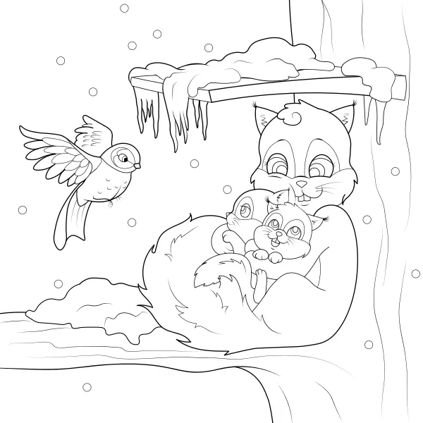 Una familia de ardillas en invierno | Dibujos para colorear online para niños