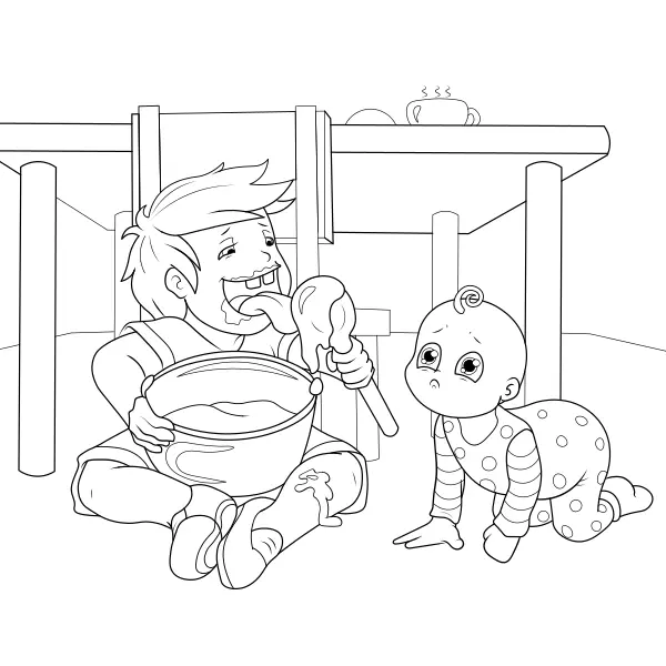 El niño lame la cuchara de cocina | Dibujos para colorear online para niños