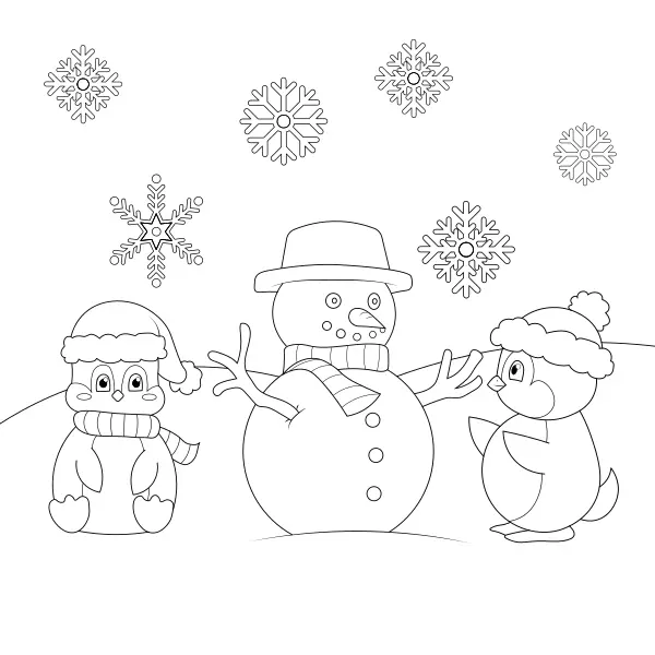 Pingüinos con un muñeco de nieve | Dibujos para colorear online para niños