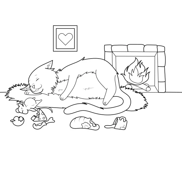 Un gato junto a la chimenea | Dibujos para colorear online para niños