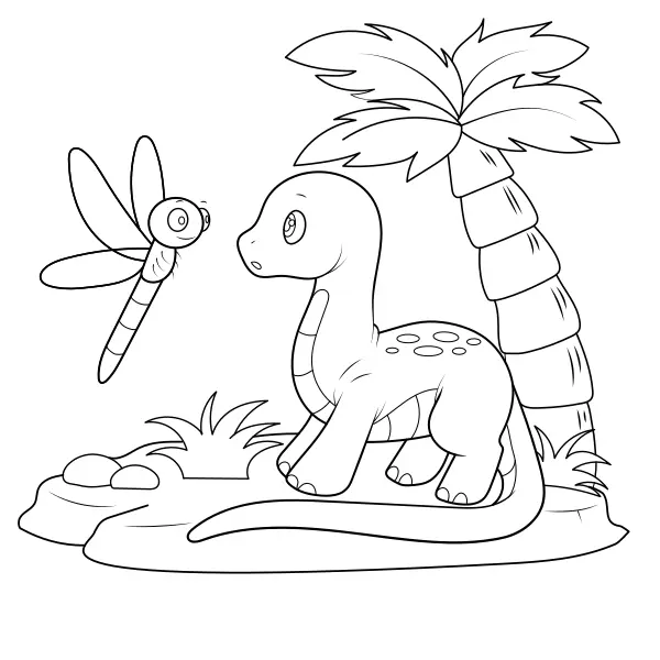 Dinosaurio: el diplodoco y una libélula | Dibujos para colorear online para niños