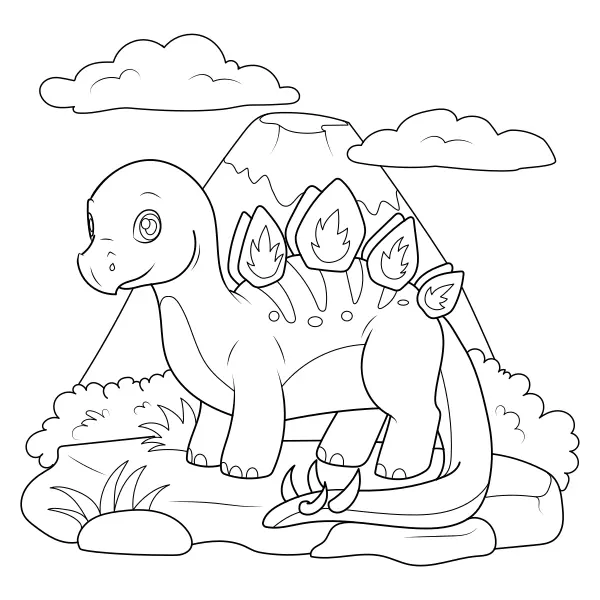 Dinosaurio: un estegosaurio bajo un volcán | Dibujos para colorear online para niños