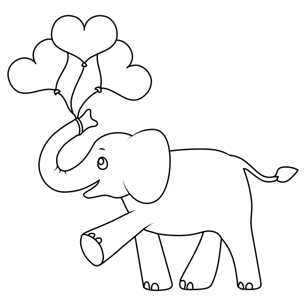 Un elefantito con globos en forma de corazón | Dibujos para colorear online para niños