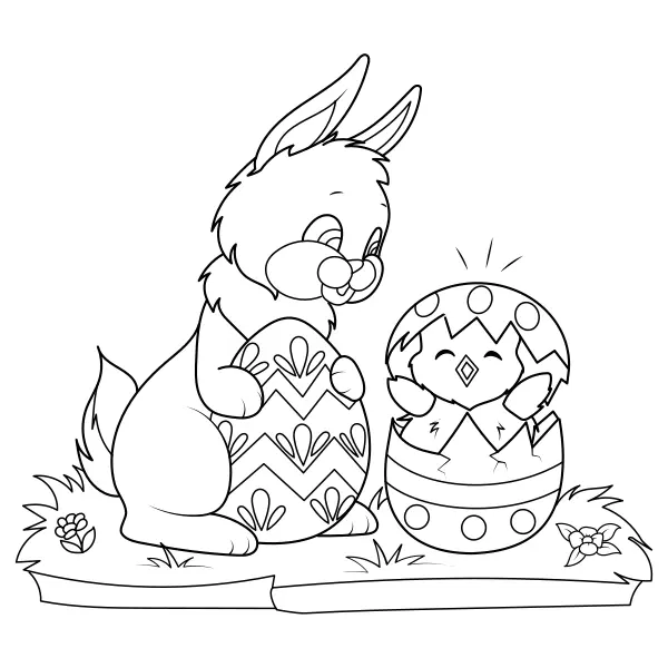 El conejito de Pascua con un pollito | Dibujos para colorear online para niños