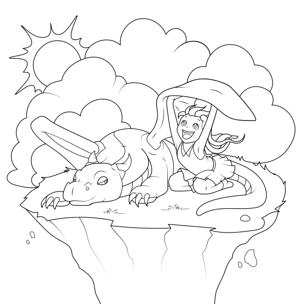 Niña jugando con un dragón | Dibujos para colorear online para niños
