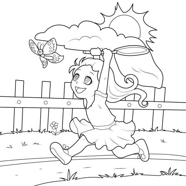 Una niña atrapa una mariposa | Dibujos para colorear online para niños