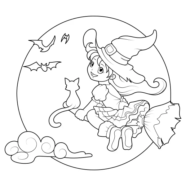 Una bruja en su escoba | Dibujos para colorear online para niños