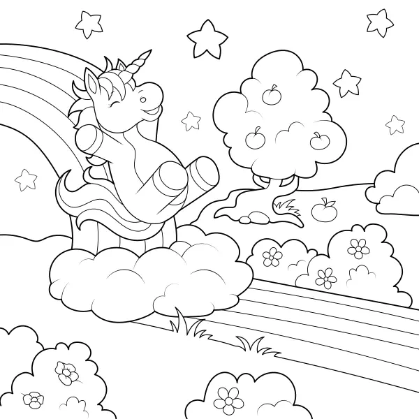Un unicornio deslizándose por el arcoíris | Dibujos para colorear online para niños