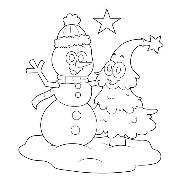Un muñeco de nieve y un árbol de Navidad | Dibujos para colorear online para niños