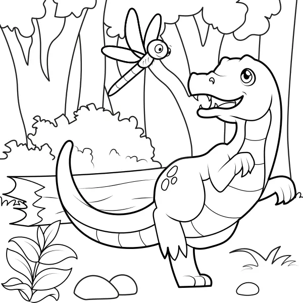 Un dinosaurio persigue a una libélula | Dibujos para colorear online para niños