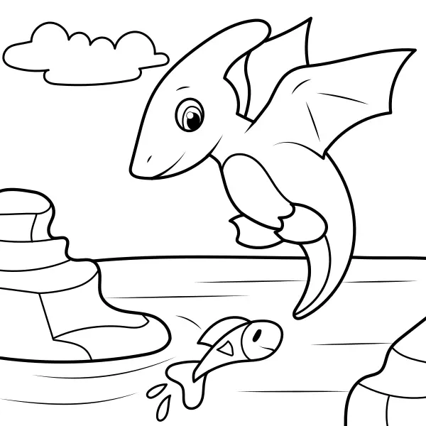 Un dinosaurio pesca un pez | Dibujos para colorear online para niños