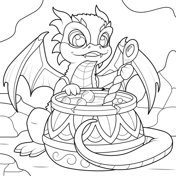 El dragón prepara un elixir | Dibujos para colorear online para niños