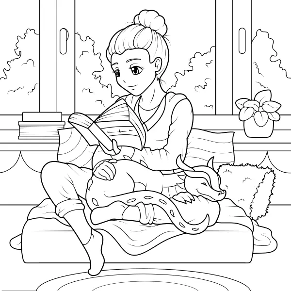 Una niña lee con un dragón | Dibujos para colorear online para niños