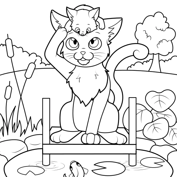 Los gatos observan al pez | Dibujos para colorear online para niños