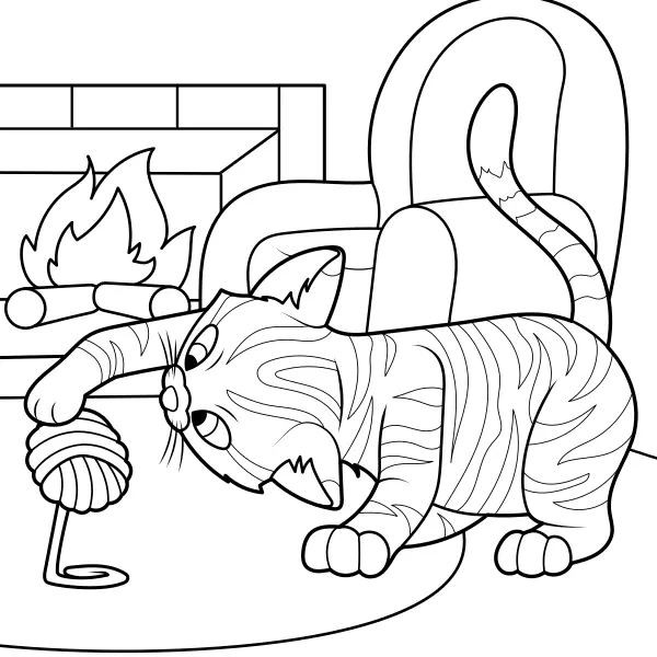 El gato juega con un ovillo de lana | Dibujos para colorear online para niños