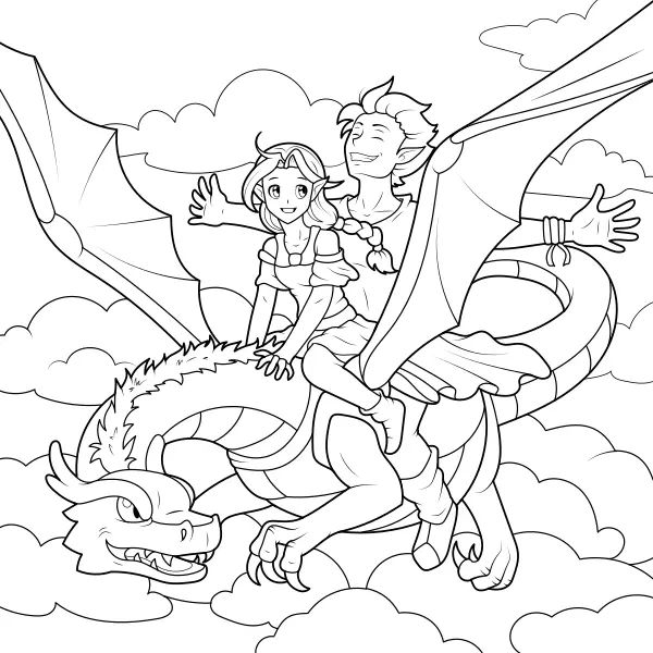 Los elfos vuelan en un dragón | Dibujos para colorear online para niños