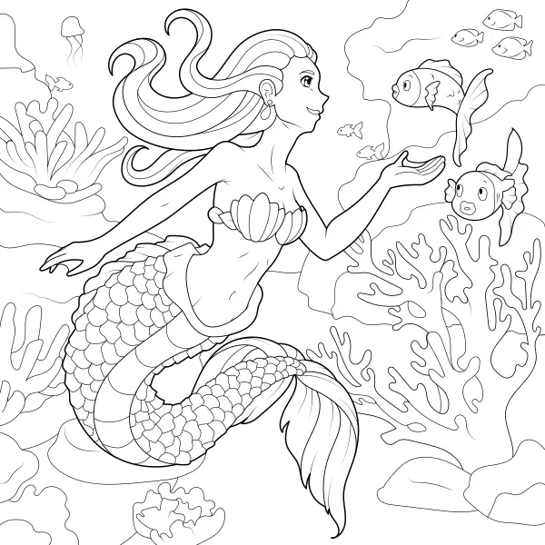 Una sirena con peces | Dibujos para colorear online para niños