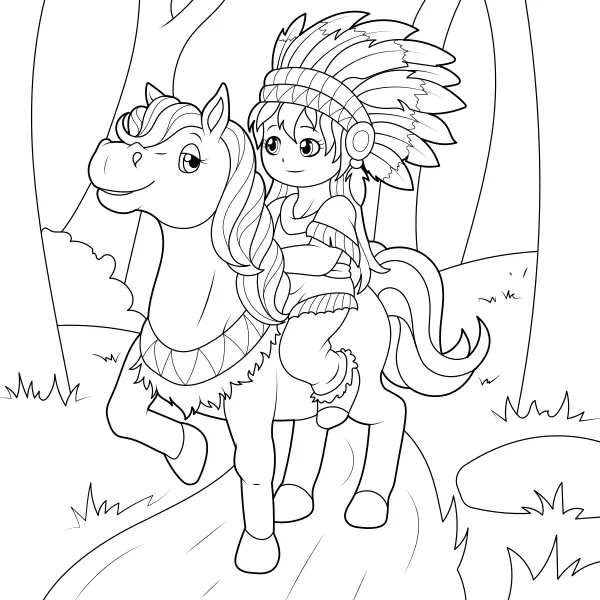 Una india a caballo | Dibujos para colorear online para niños