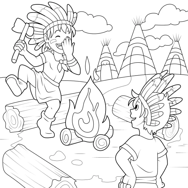 Indios junto al fuego | Dibujos para colorear online para niños
