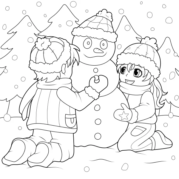 Los niños están haciendo un muñeco de nieve | Dibujos para colorear online para niños