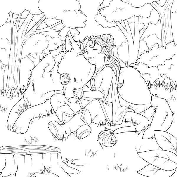 Chica de fantasía con un lobo | Dibujos para colorear online para niños