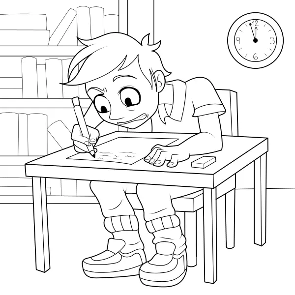 El chico está haciendo un examen escrito | Dibujos para colorear online para niños