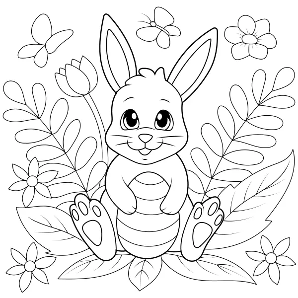 El conejo de Pascua, un huevo y flores | Dibujos para colorear online para niños