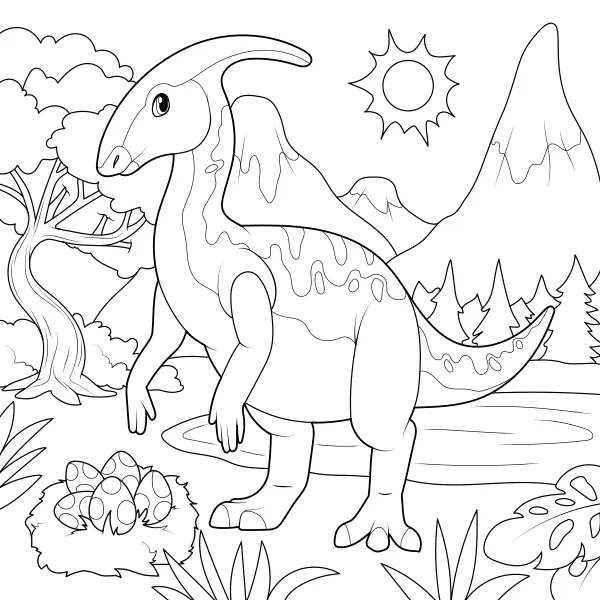 Parasaurolophus con su nido | Dibujos para colorear online para niños