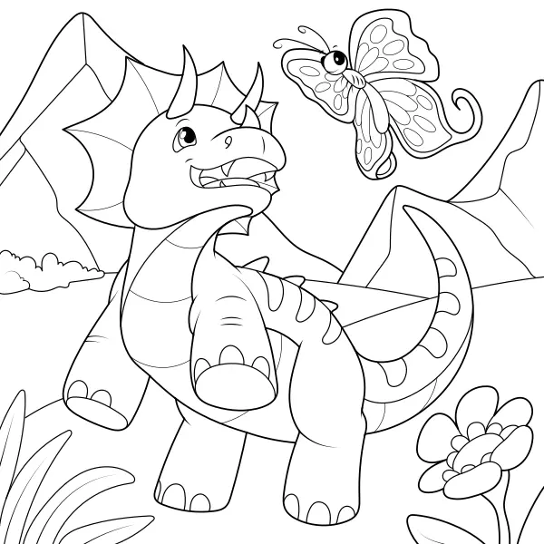 El triceratops y la mariposa | Dibujos para colorear online para niños