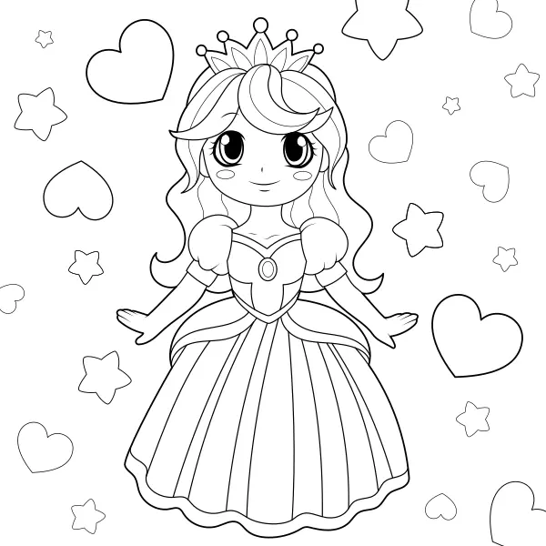 La princesa, los corazones y las estrellas | Dibujos para colorear online para niños
