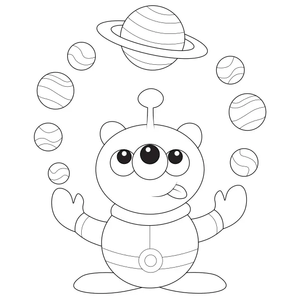 Un extraterrestre hace malabares con los planetas | Dibujos para colorear online para niños