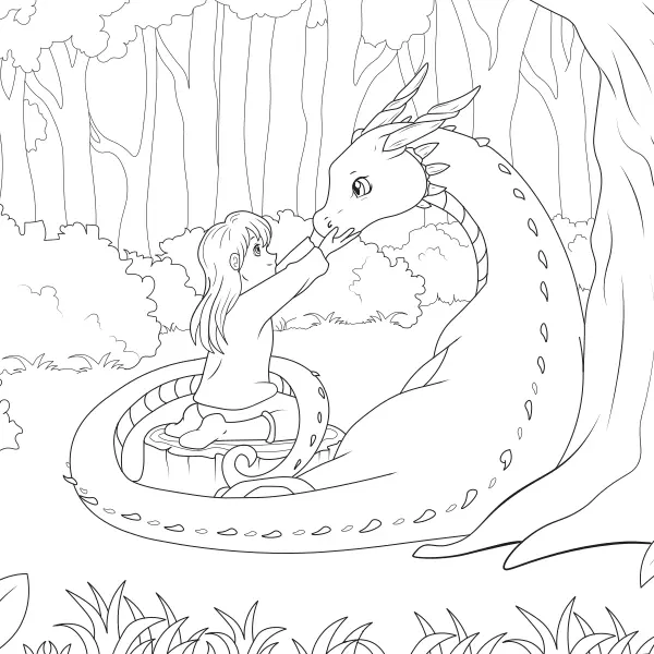 La niña y el dragón | Dibujos para colorear online para niños
