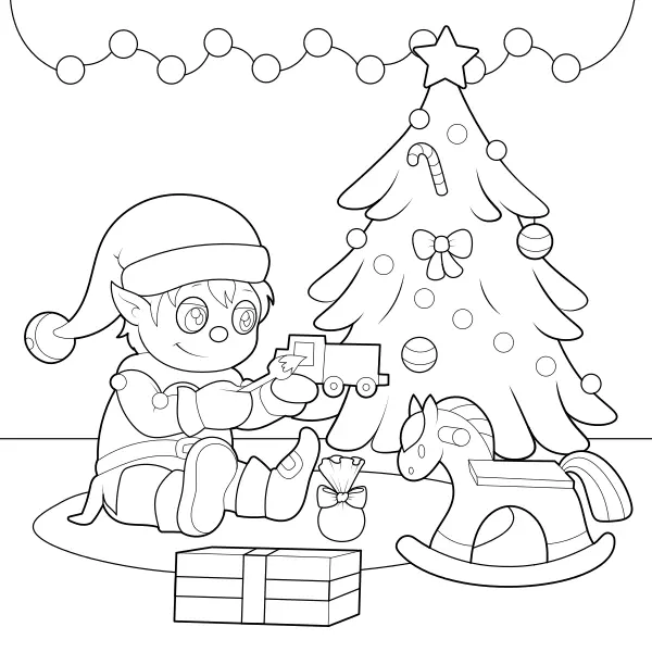 El duendecillo navideño prepara los regalos | Dibujos para colorear online para niños