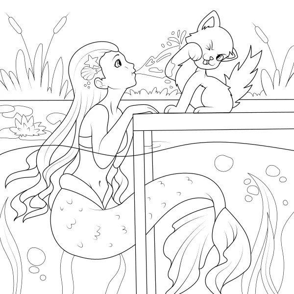 La sirena y el gato | Dibujos para colorear online para niños
